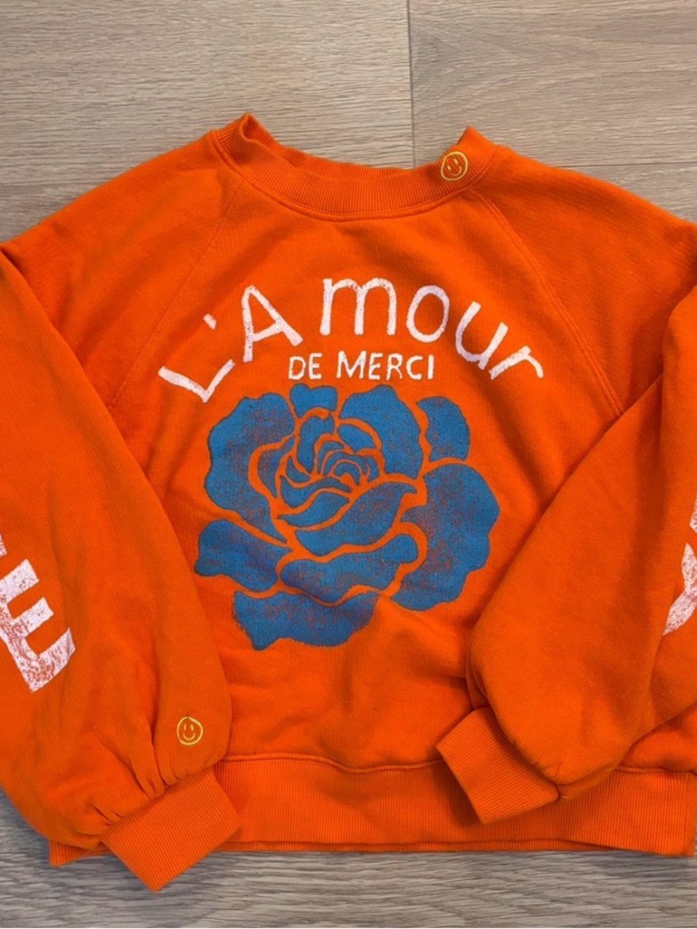 Madison Orange Crewneck Sweatshirt with Blue Heart Patch